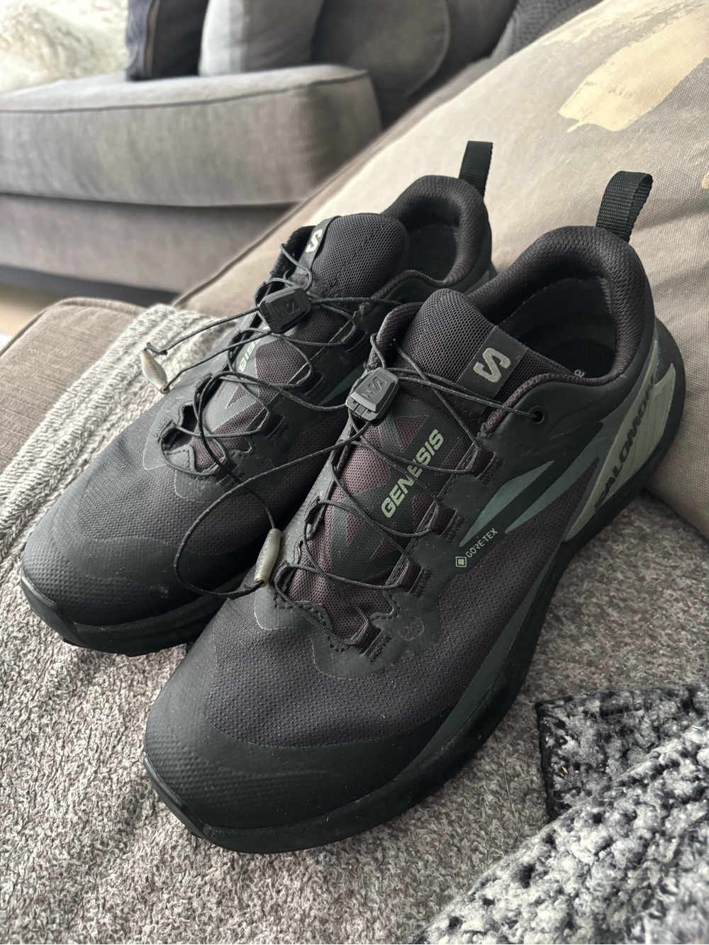 Salomon Genesis GTX Men's Black with Dark Green Accents Trail Sneakers
